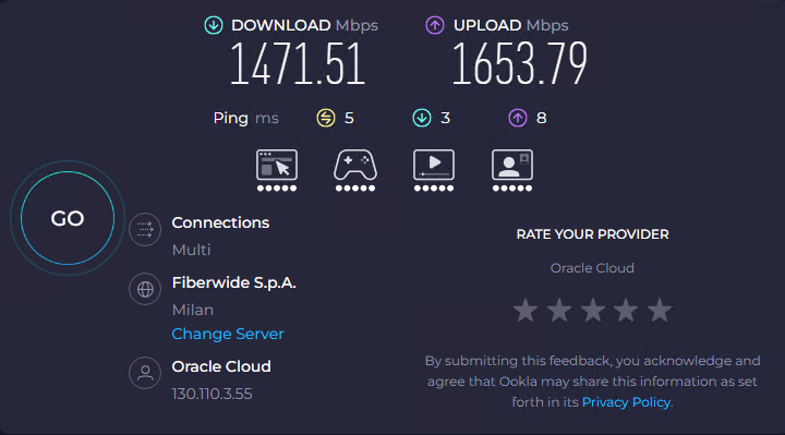 Speed test on the Oracle Windows machine showing high download and upload speeds